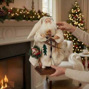 Large 22" Holiday WorkShop Santa Figurine With Felt Robe & Wood Rocking Horse
